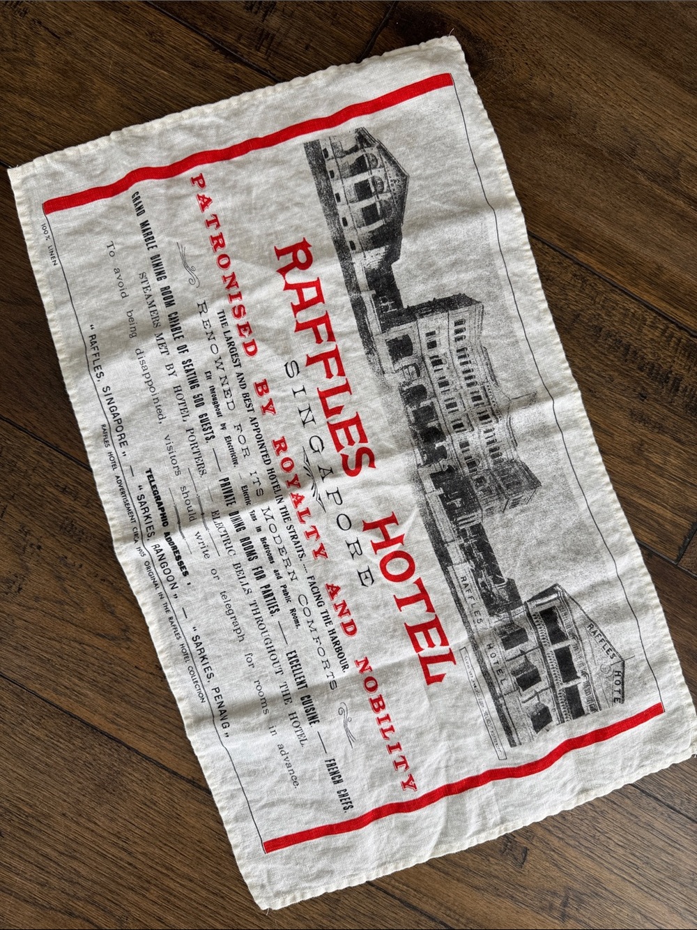 Hotel Singapore Vintage-Style Tea Towel in White and Red